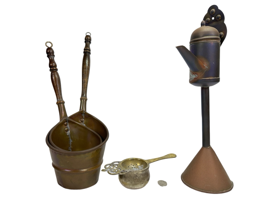 Just Added - Vintage Brass Tea Strainer (M), Vintage Copper Oil Lamp (R) & Pair Of Copper And Wooden Ladles (L) [Photo 1]