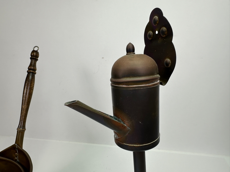 Just Added - Vintage Brass Tea Strainer (M), Vintage Copper Oil Lamp (R) & Pair Of Copper And Wooden Ladles (L) [Photo 8]