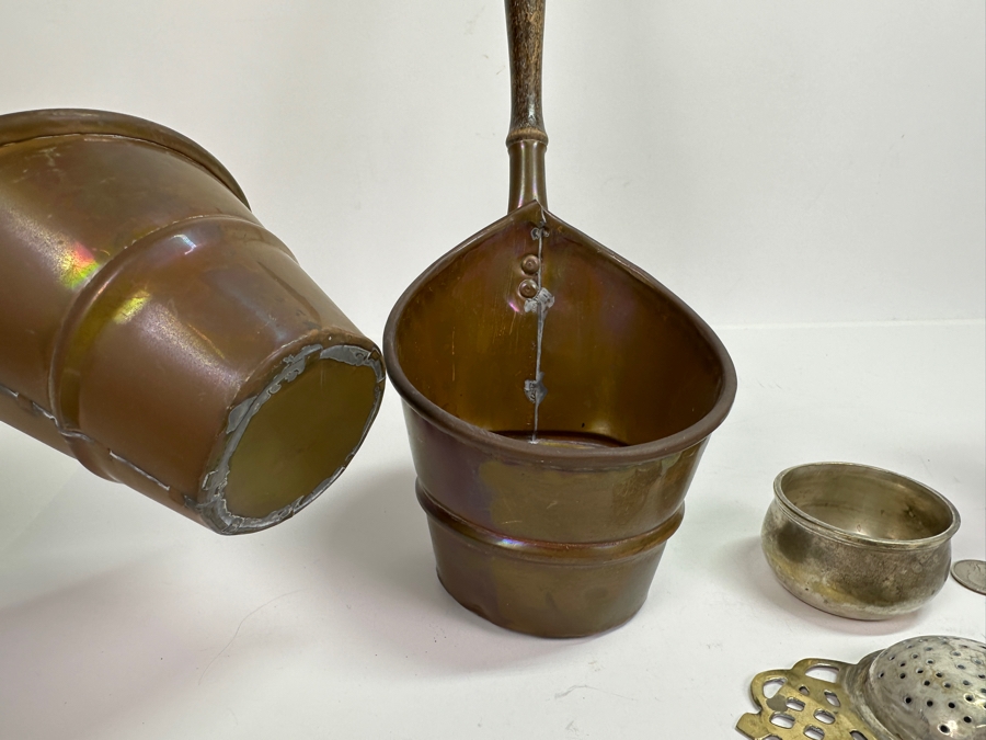 Just Added - Vintage Brass Tea Strainer (M), Vintage Copper Oil Lamp (R) & Pair Of Copper And Wooden Ladles (L) [Photo 6]