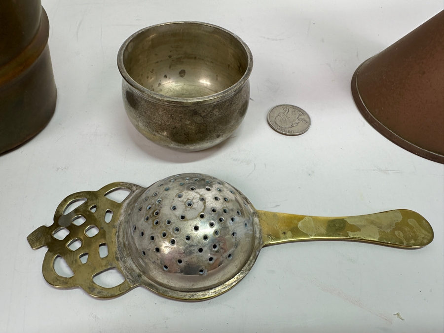 Just Added - Vintage Brass Tea Strainer (M), Vintage Copper Oil Lamp (R) & Pair Of Copper And Wooden Ladles (L) [Photo 4]