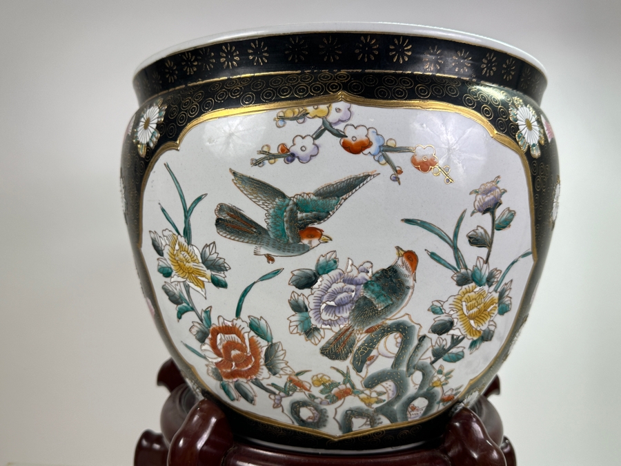 Just Added - Vintage Hand Painted Chinese Fish Bowl With Wooden Stand 14.5W [Photo 2]