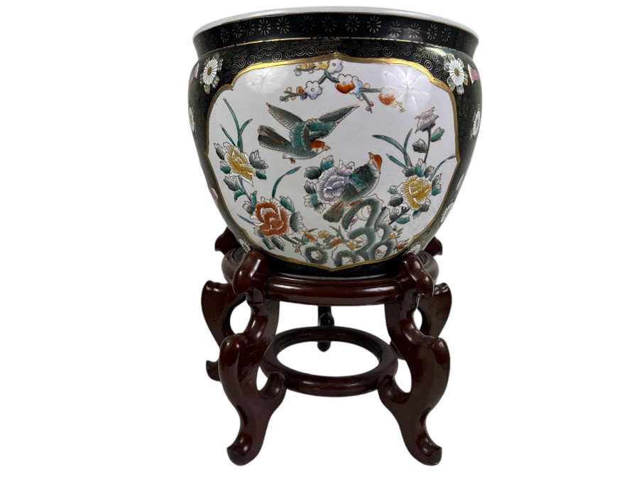 Just Added - Vintage Hand Painted Chinese Fish Bowl With Wooden Stand 14.5W [Photo 1]