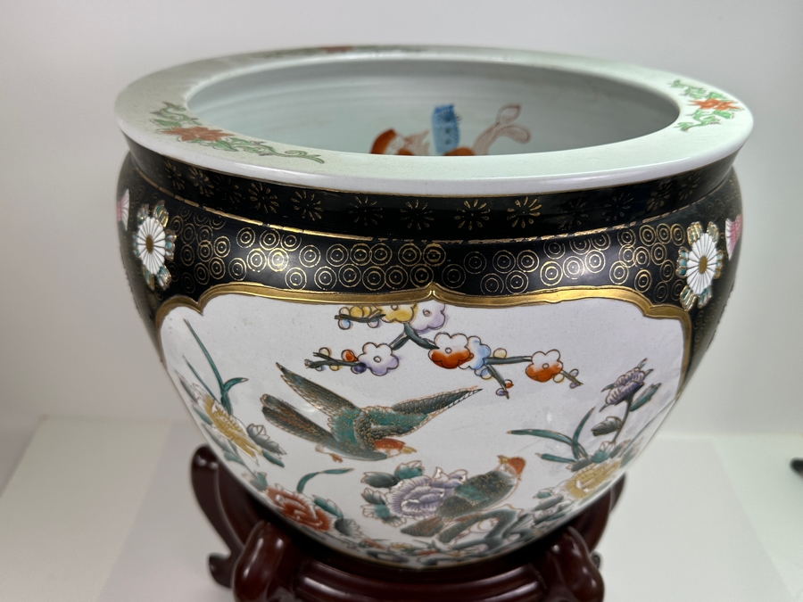 Just Added - Vintage Hand Painted Chinese Fish Bowl With Wooden Stand 14.5W [Photo 3]