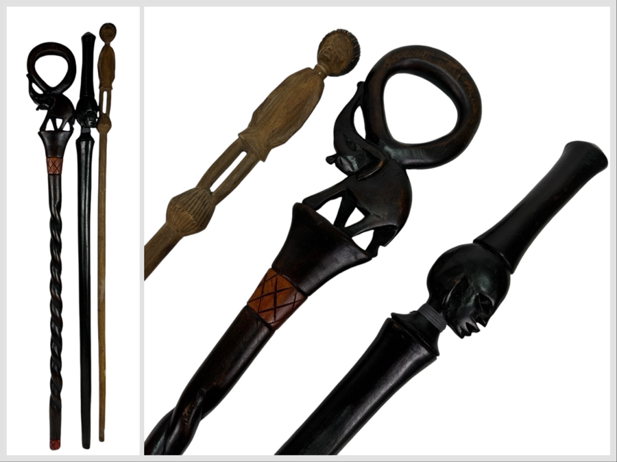 Just Added - Three Vintage Carved Wooden African Canes Walking Sticks 36L [Photo 1]