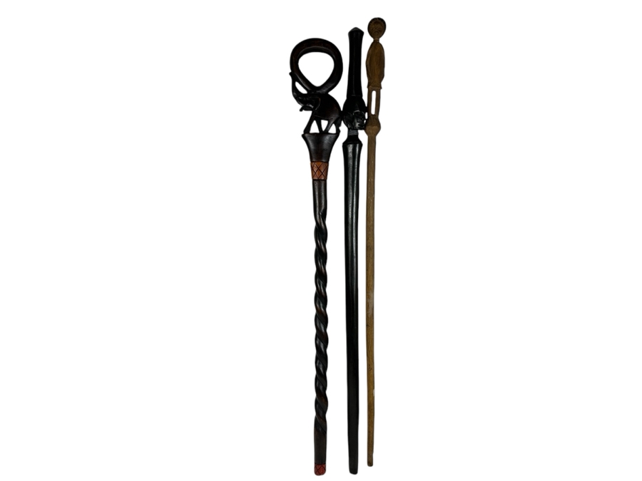 Just Added - Three Vintage Carved Wooden African Canes Walking Sticks 36L [Photo 3]