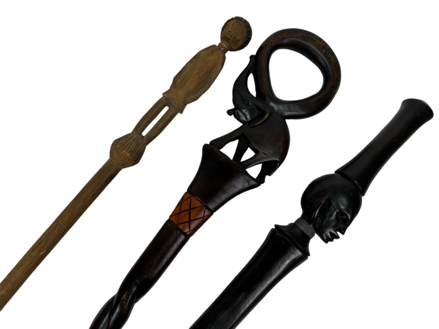 Just Added - Three Vintage Carved Wooden African Canes Walking Sticks 36L [Photo 2]