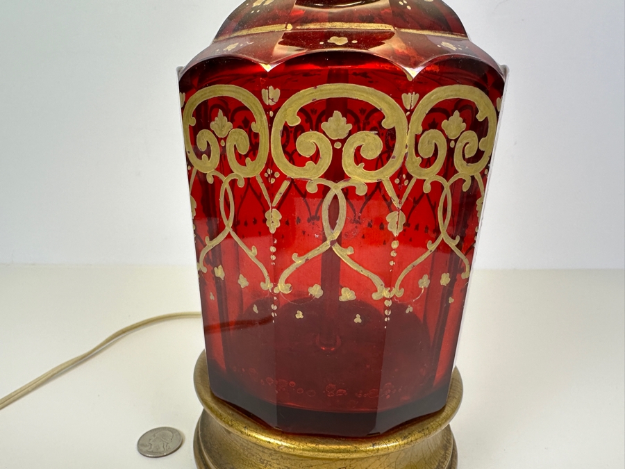 Just Added - Vintage Hand Painted Ruby Red Glass Table Lamp With Gold Decorations 23H [Photo 2]