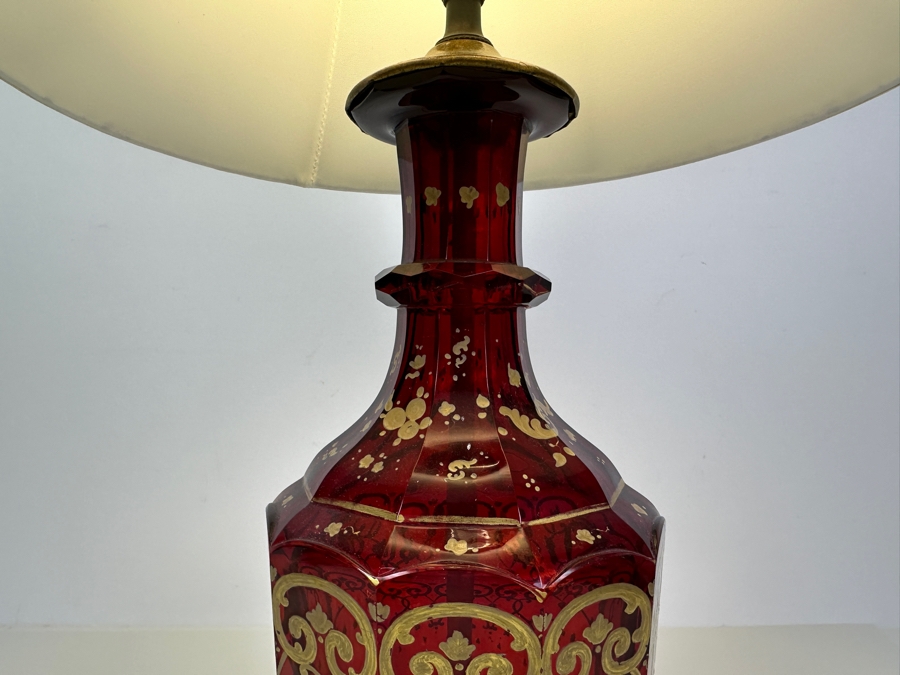 Just Added - Vintage Hand Painted Ruby Red Glass Table Lamp With Gold Decorations 23H [Photo 3]