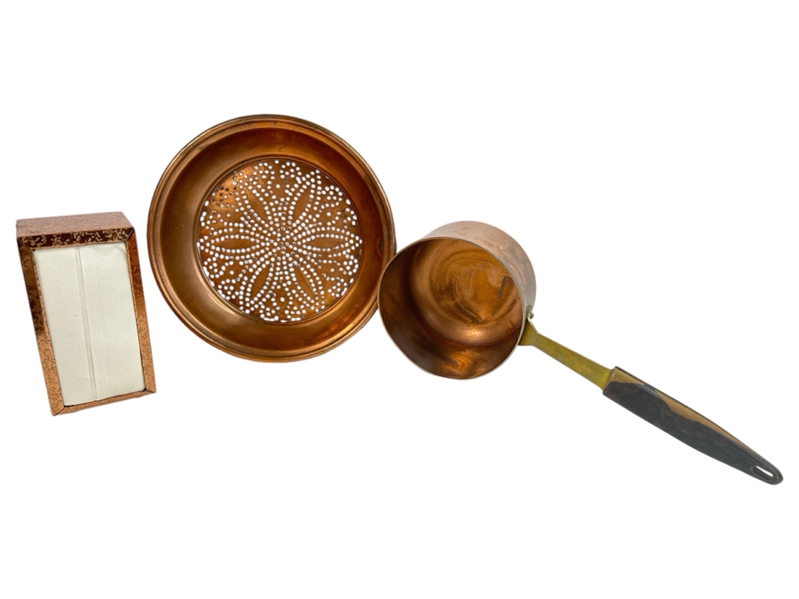 Just Added - Solid Copper Pot With Brass/Wooden Handle (L), Copper Strainer (M) & Vintage Mid-Century Napkin Holder [Photo 2]