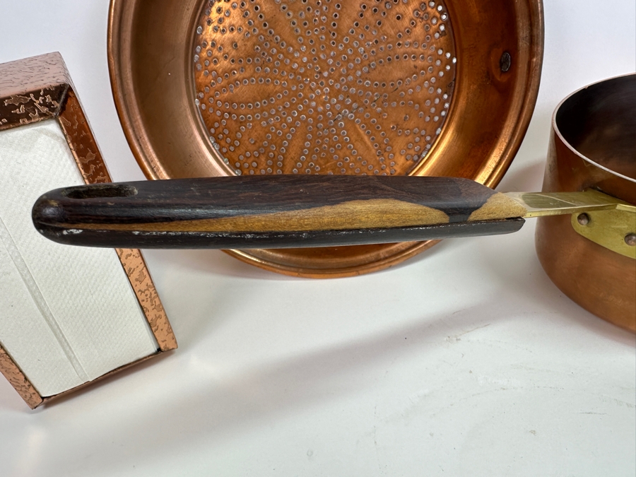 Just Added - Solid Copper Pot With Brass/Wooden Handle (L), Copper Strainer (M) & Vintage Mid-Century Napkin Holder [Photo 4]