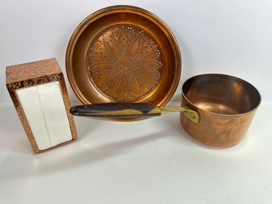 Just Added - Solid Copper Pot With Brass/Wooden Handle (L), Copper Strainer (M) & Vintage Mid-Century Napkin Holder [Photo 3]