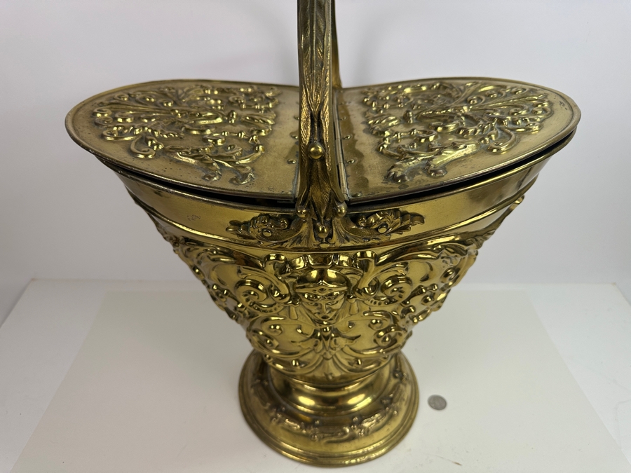 Just Added - Vintage Repousse Brass Coal Scuttle 18W X 13D X 20.5H Weighs 11lbs [Photo 3]