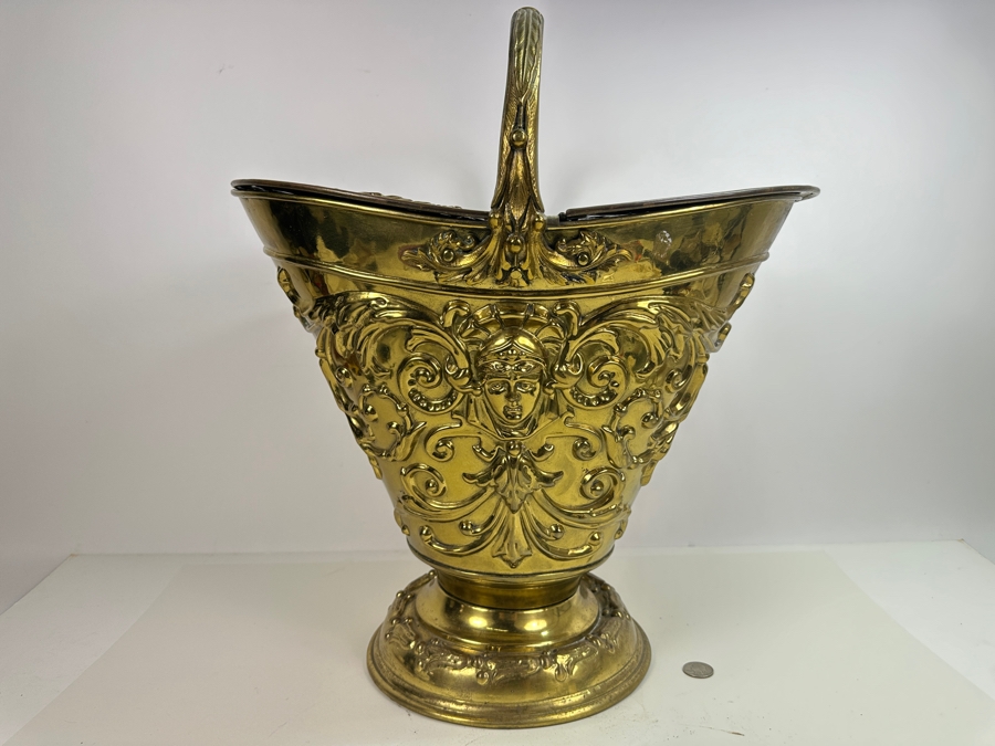 Just Added - Vintage Repousse Brass Coal Scuttle 18W X 13D X 20.5H Weighs 11lbs [Photo 6]