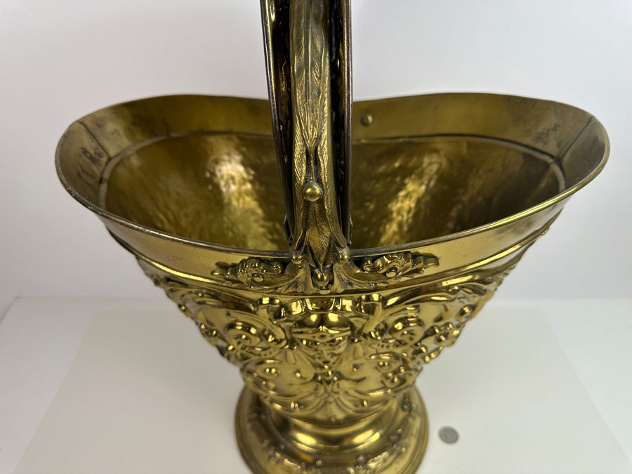 Just Added - Vintage Repousse Brass Coal Scuttle 18W X 13D X 20.5H Weighs 11lbs [Photo 4]