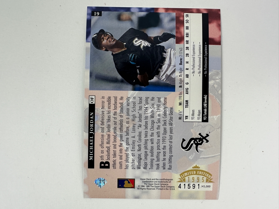 Limited Edition 1995 Upper Deck Oversized Michael Jordan Chicago White Sox Rookie Baseball Card Numbered 41,591 Of 45,000 [Photo 2]