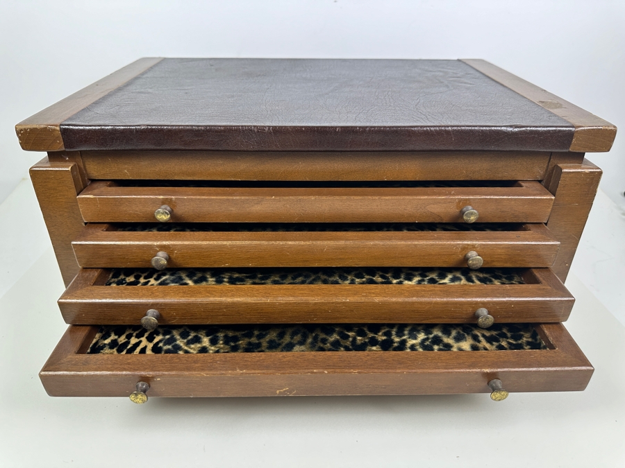 Large Wooden Jewelry Storage Box With Four Leopard Pattern Lined Drawers 18.75W X 13D X 9H [Photo 4]