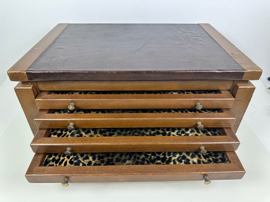 Large Wooden Jewelry Storage Box With Four Leopard Pattern Lined Drawers 18.75W X 13D X 9H [Photo 5]