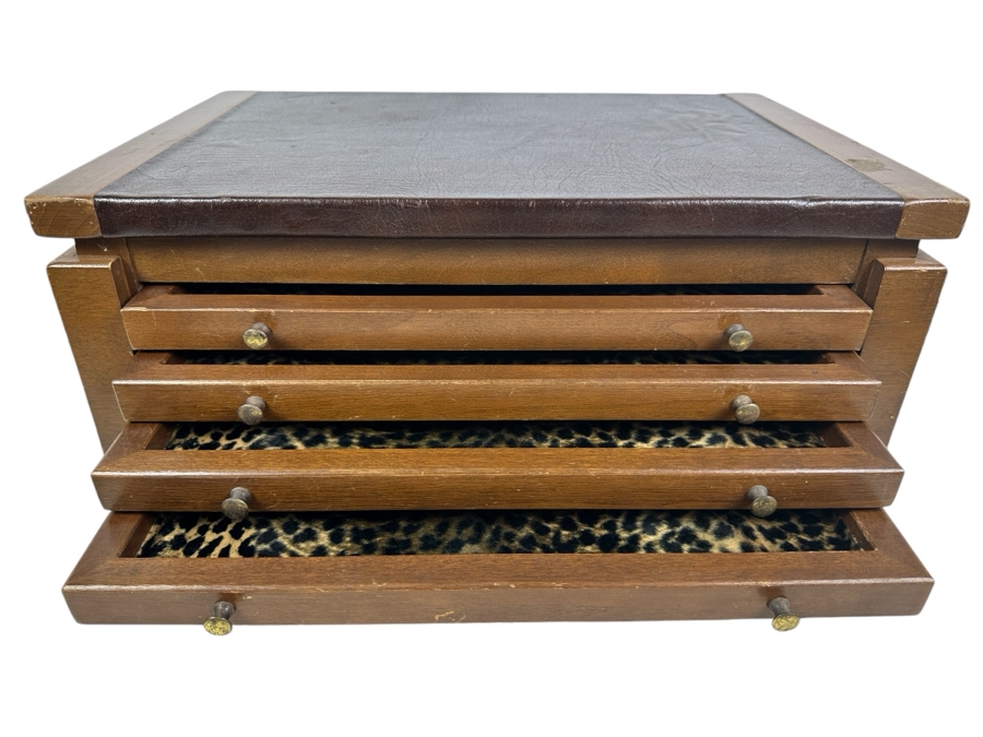 Large Wooden Jewelry Storage Box With Four Leopard Pattern Lined Drawers 18.75W X 13D X 9H [Photo 1]