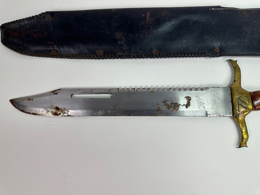 Large Custom Knife With Wooden / Brass Handle And Sheath Owned By Opera Tenor Elliot Palay 24.5L [Photo 3]