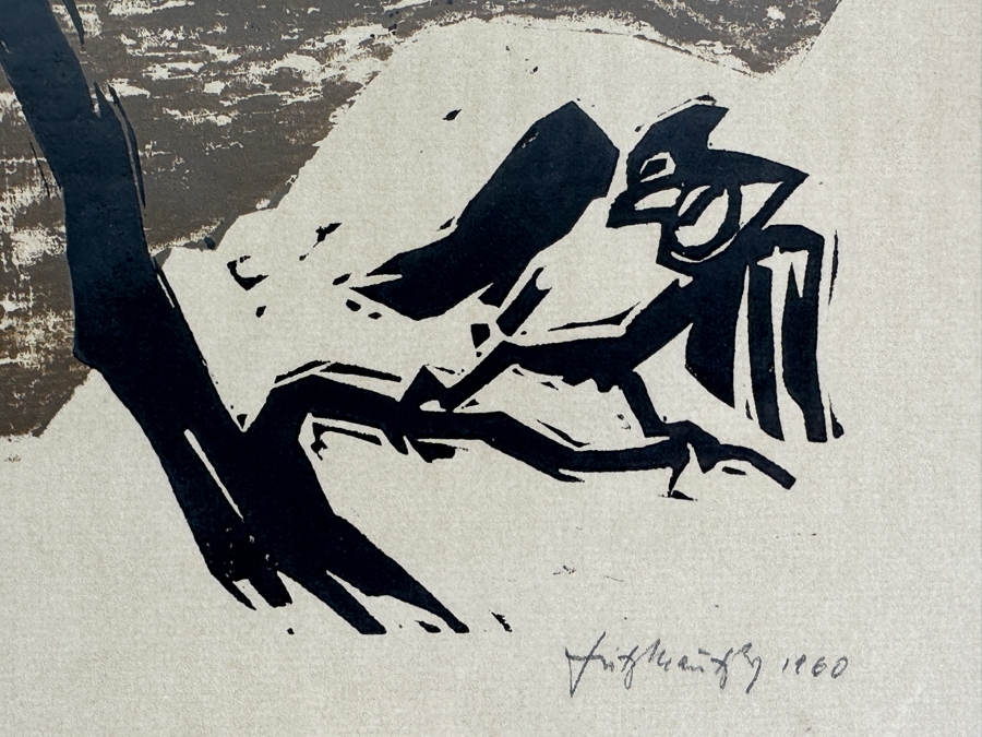 Vintage Mid-Century Hand Signed Woodcut Print Dated 1960 Framed 13 X 16 [Photo 5]