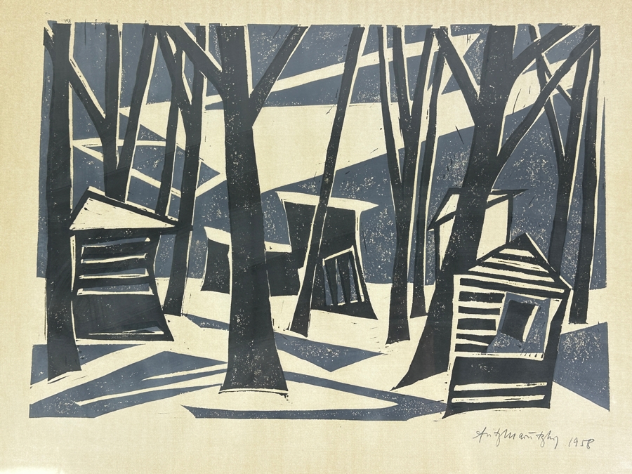 Vintage Mid-Century Hand Signed Woodcut Print Dated 1958 Framed 28 X 22 [Photo 5]