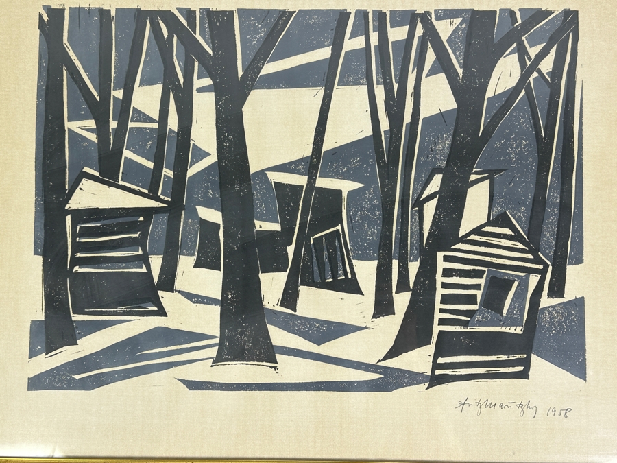 Vintage Mid-Century Hand Signed Woodcut Print Dated 1958 Framed 28 X 22 [Photo 4]