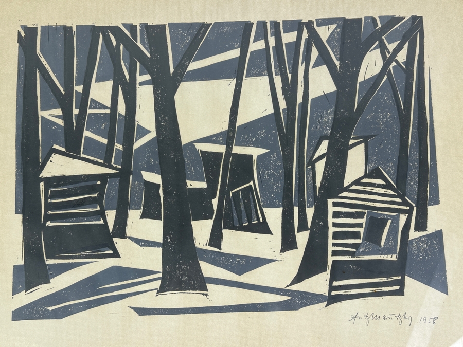 Vintage Mid-Century Hand Signed Woodcut Print Dated 1958 Framed 28 X 22 [Photo 8]