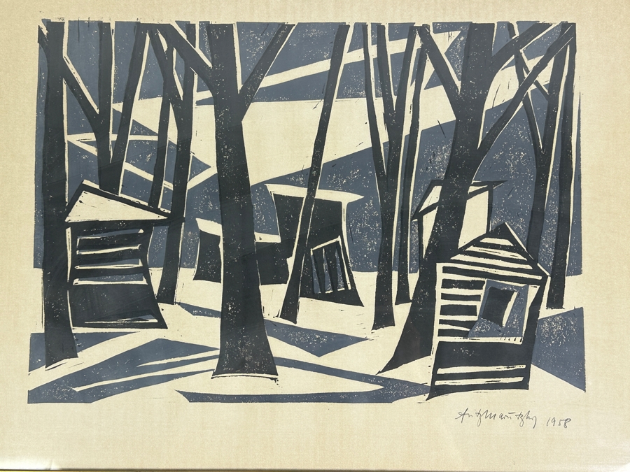 Vintage Mid-Century Hand Signed Woodcut Print Dated 1958 Framed 28 X 22 [Photo 3]