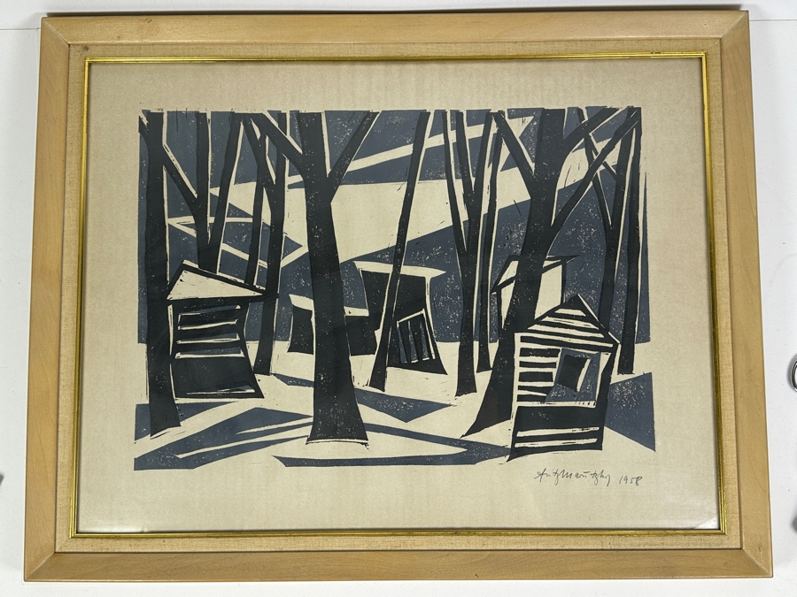 Vintage Mid-Century Hand Signed Woodcut Print Dated 1958 Framed 28 X 22 [Photo 2]