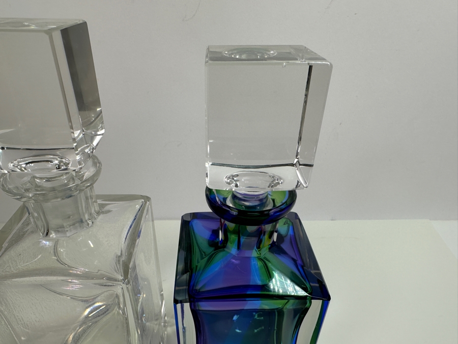 Pair Of Vintage Crystal Liquor Decanters With Stoppers - Stopper On Right Has Slight Chip 10H & 10.5H [Photo 4]