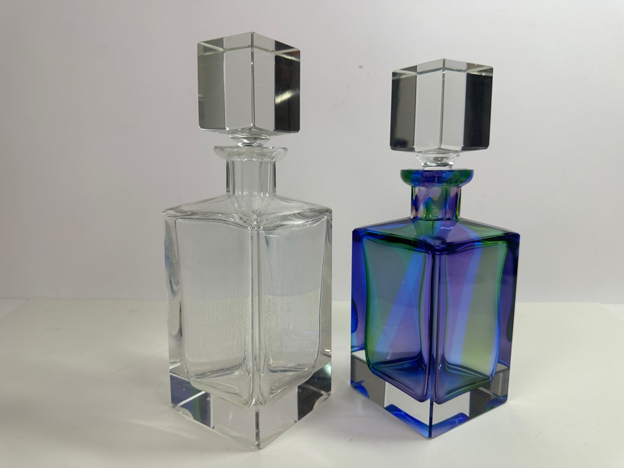 Pair Of Vintage Crystal Liquor Decanters With Stoppers - Stopper On Right Has Slight Chip 10H & 10.5H [Photo 2]