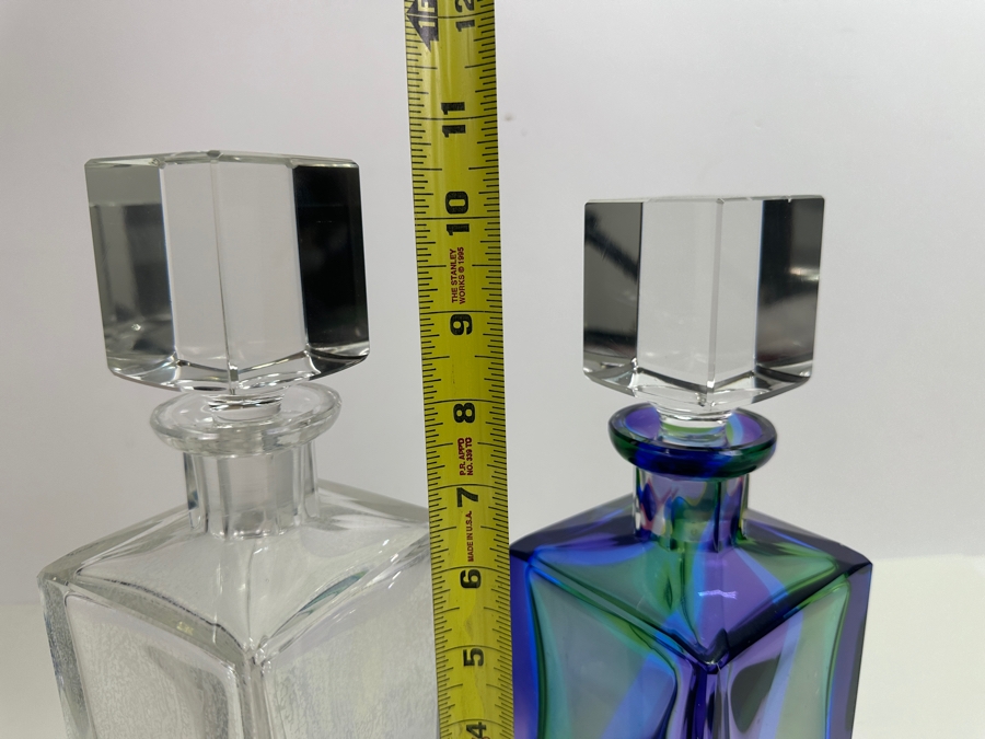 Pair Of Vintage Crystal Liquor Decanters With Stoppers - Stopper On Right Has Slight Chip 10H & 10.5H [Photo 5]