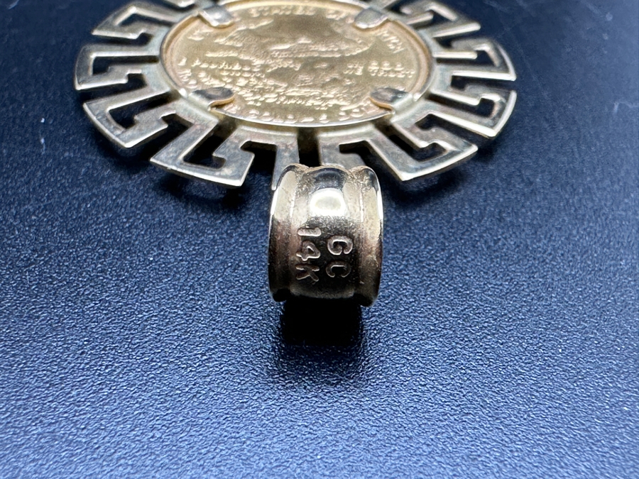 1995 $5 American Eagle 1/10 Oz Gold Coin Set In 14K Gold Greek Key Omega Back Pendant Gold Melt Value $409 [Photo 7]
