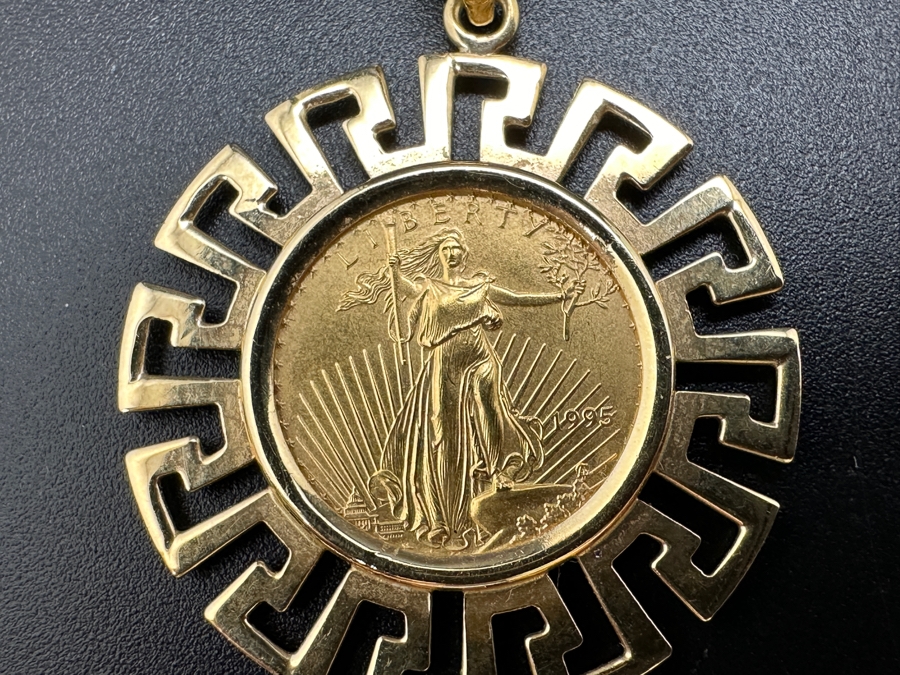 1995 $5 American Eagle 1/10 Oz Gold Coin Set In 14K Gold Greek Key Omega Back Pendant Gold Melt Value $409 [Photo 3]