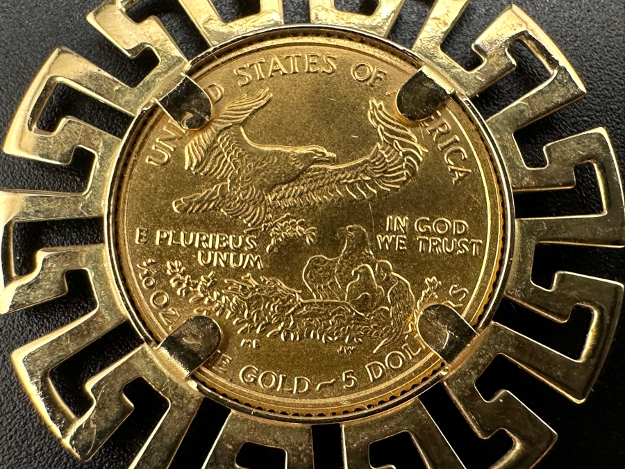 1995 $5 American Eagle 1/10 Oz Gold Coin Set In 14K Gold Greek Key Omega Back Pendant Gold Melt Value $409 [Photo 6]