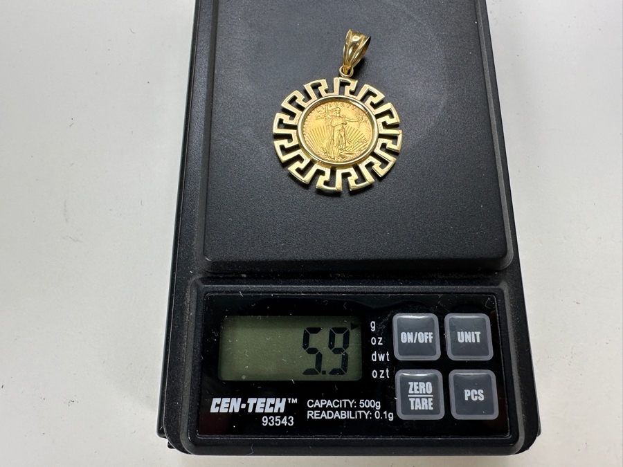 1995 $5 American Eagle 1/10 Oz Gold Coin Set In 14K Gold Greek Key Omega Back Pendant Gold Melt Value $409 [Photo 8]