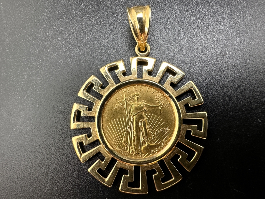 1995 $5 American Eagle 1/10 Oz Gold Coin Set In 14K Gold Greek Key Omega Back Pendant Gold Melt Value $409 [Photo 2]