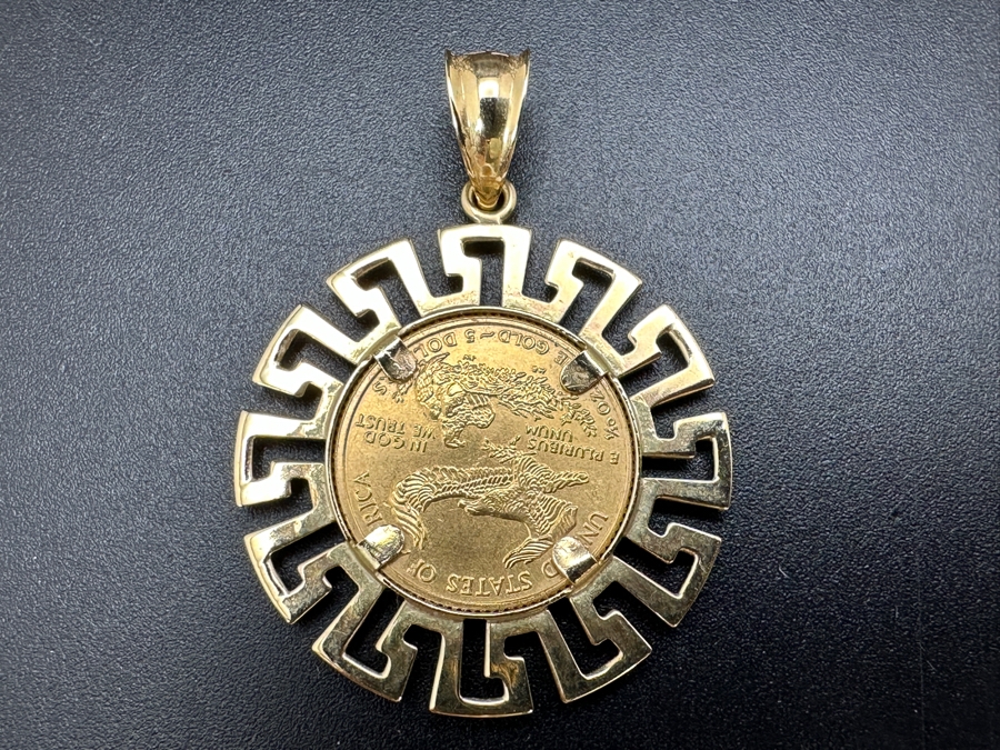 1995 $5 American Eagle 1/10 Oz Gold Coin Set In 14K Gold Greek Key Omega Back Pendant Gold Melt Value $409 [Photo 4]