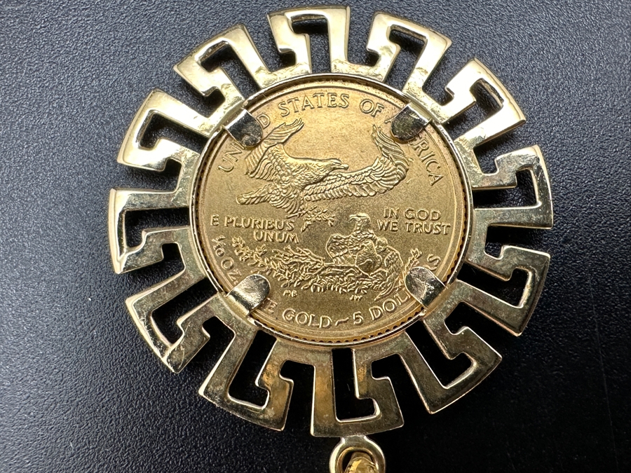 1995 $5 American Eagle 1/10 Oz Gold Coin Set In 14K Gold Greek Key Omega Back Pendant Gold Melt Value $409 [Photo 5]