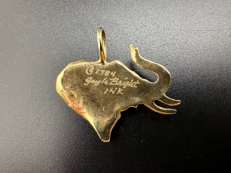 14K Gold Gayle Bright Signed Designer Elephant Pendant 1984 4.1g Gold Melt Value $206 [Photo 2]