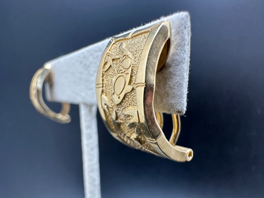 14K Gold Earrings Signed ORO With Bamboo Fish Motif 7.7g Gold Melt Value $388 [Photo 4]