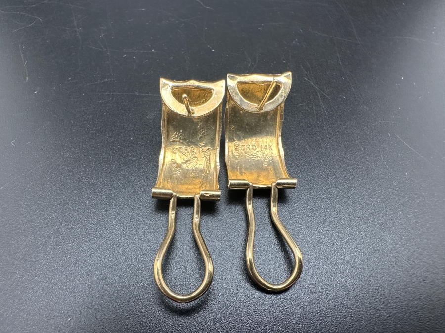14K Gold Earrings Signed ORO With Bamboo Fish Motif 7.7g Gold Melt Value $388 [Photo 9]