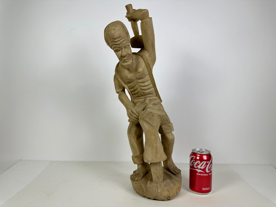 Vintage Ethnic Hand Carved Wooden Sculpture Of Blacksmith Man 22H [Photo 2]