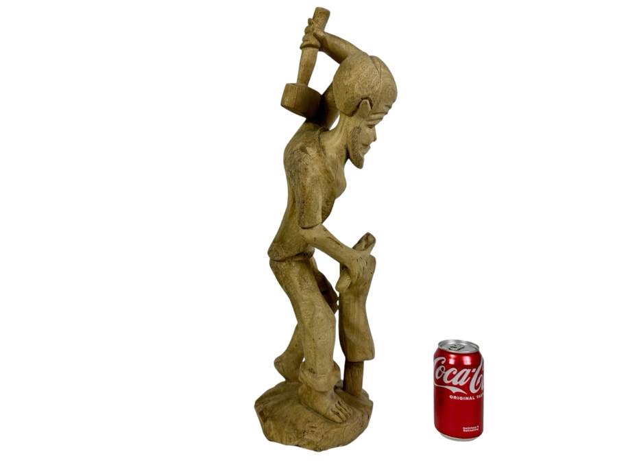 Vintage Ethnic Hand Carved Wooden Sculpture Of Blacksmith Man 22H