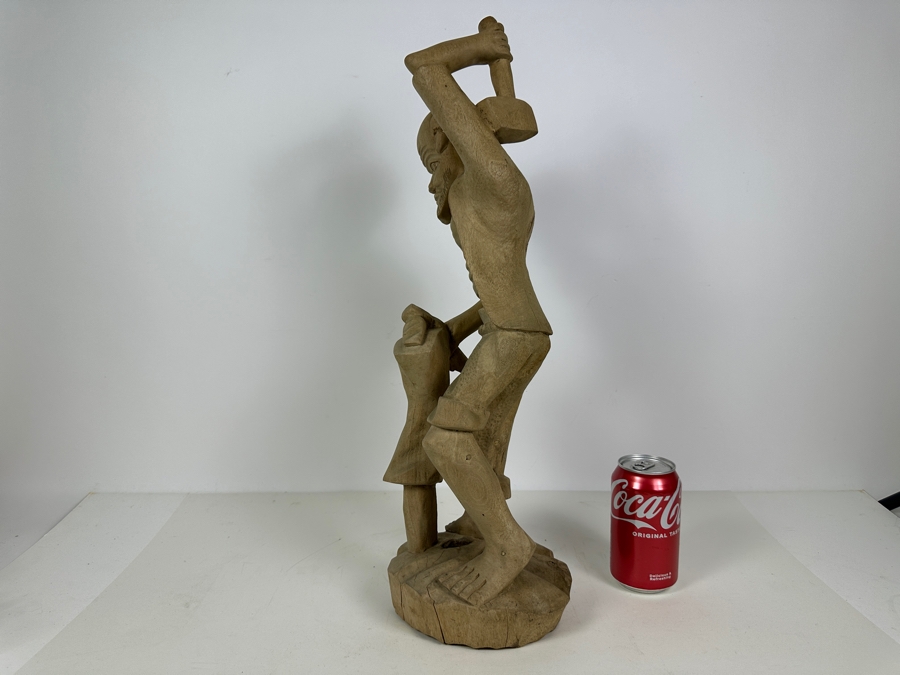 Vintage Ethnic Hand Carved Wooden Sculpture Of Blacksmith Man 22H [Photo 5]