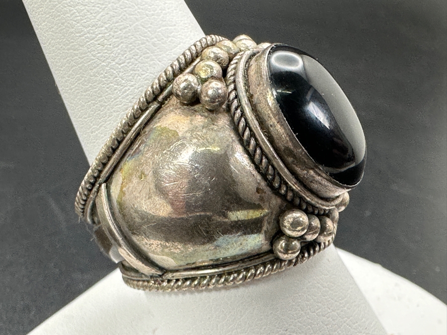 Vintage Signed Sterling Silver / Black Onyx Ring Size 9.5 12.8g [Photo 3]