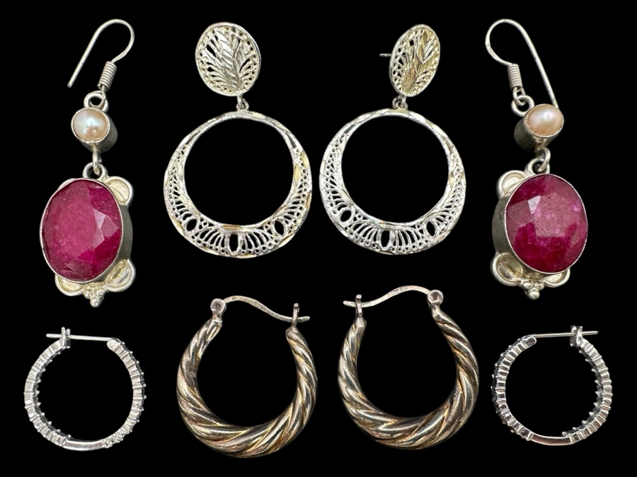 Four Pairs Of Sterling Silver Earrings 25.2g [Photo 1]