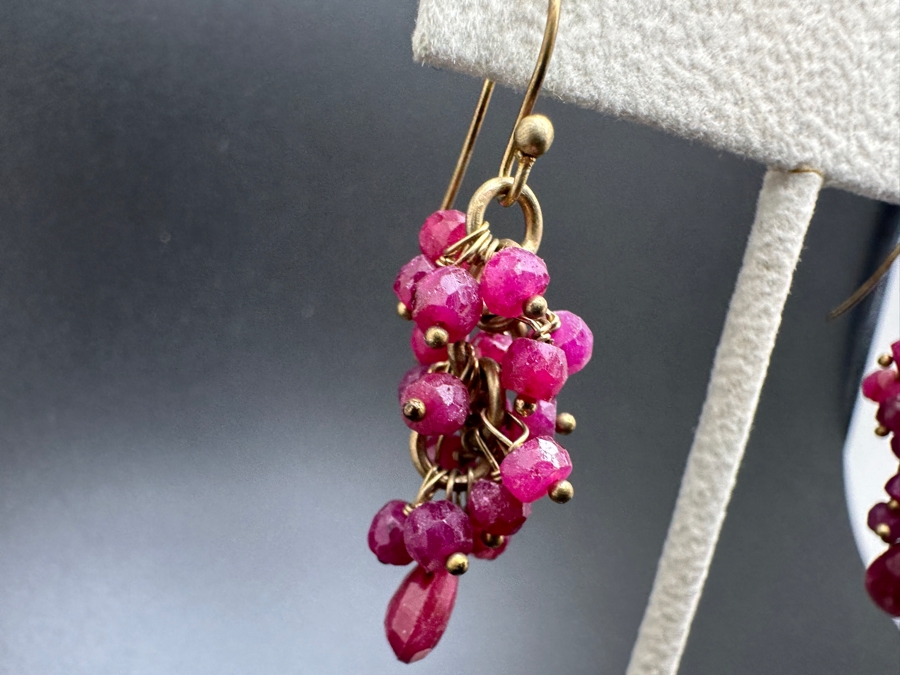 Commercial Grade Ruby Earrings - Links Are 14K Gold - Shepherd Hooks Are Not Gold 7.6g [Photo 3]