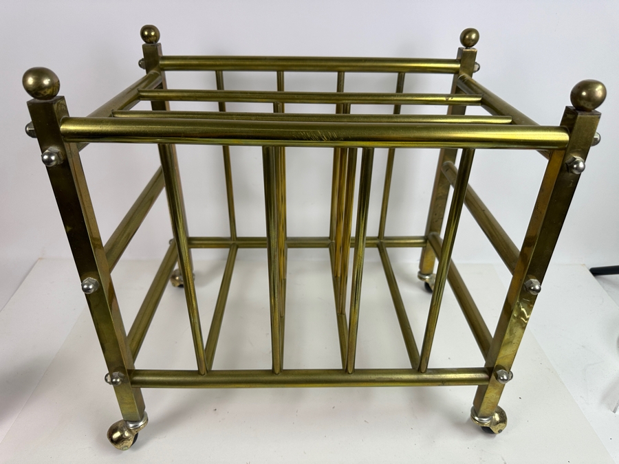 Vintage Brass Canterbury Magazine Rack On Casters 18.5W X 11.5D X 16H [Photo 3]