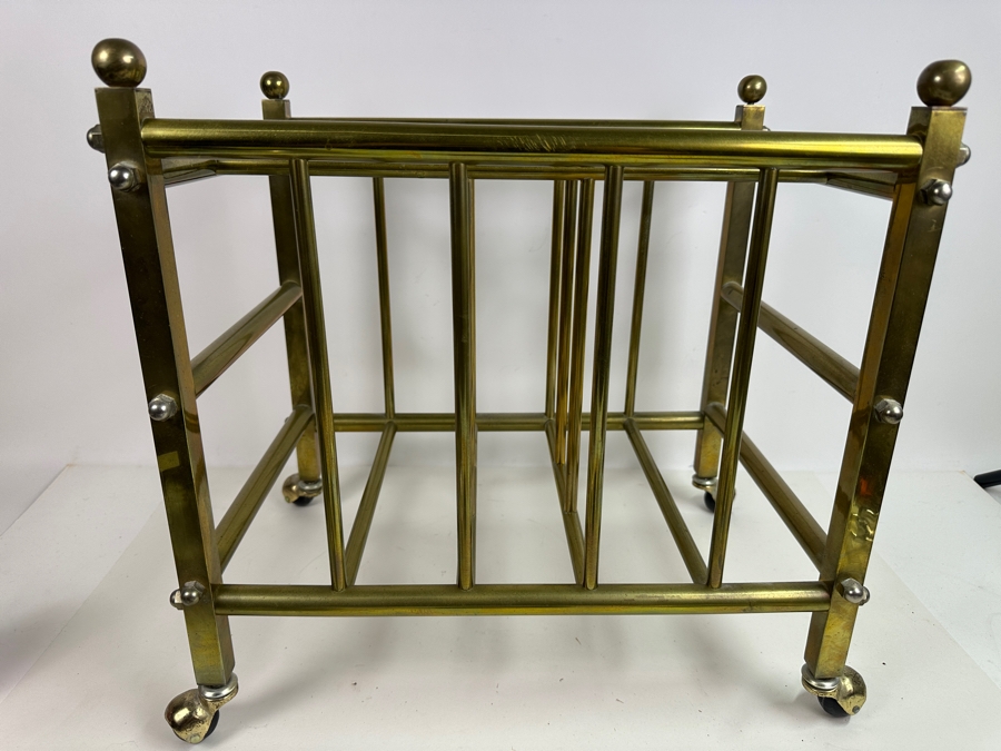 Vintage Brass Canterbury Magazine Rack On Casters 18.5W X 11.5D X 16H [Photo 2]